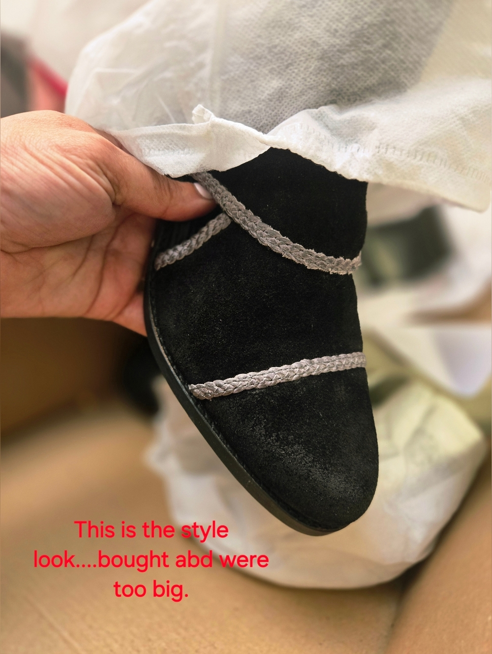 Women's Black Suede Ankle Boot with Gray Braid Trim